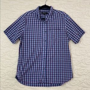 Short Sleeve Button Down Shirt Slim Fit with Blue and Red Gingham Pattern